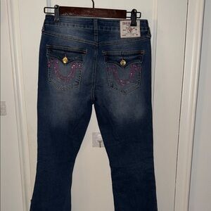 True Religion Women's Dark Blue Boot Cut Jeans with Pink Accents
